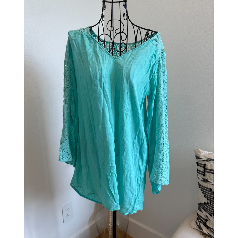 O'NEILL Cover-Up Green Lace Bell Sleeve TUNIC Pullover Top Small Beach/Swim